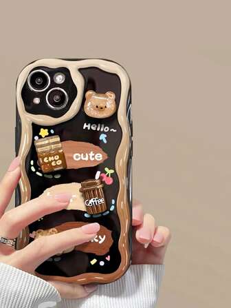 泰迪熊苹果咖啡杯 1 件树脂工艺品 DIY 卡通熊奶油色外壳 Tpu 软手机壳兼容 iPhone