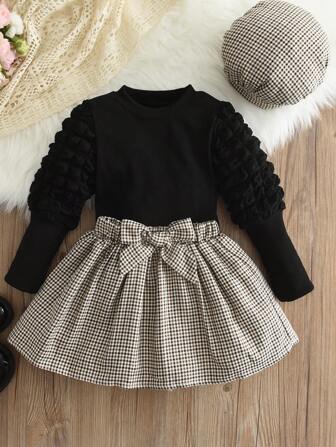 Young Girl 3pcs/Set Casual Solid Color Top, Grid Patterned Skirt With Bowknot And Hat Outfit, Autumn/Winter
