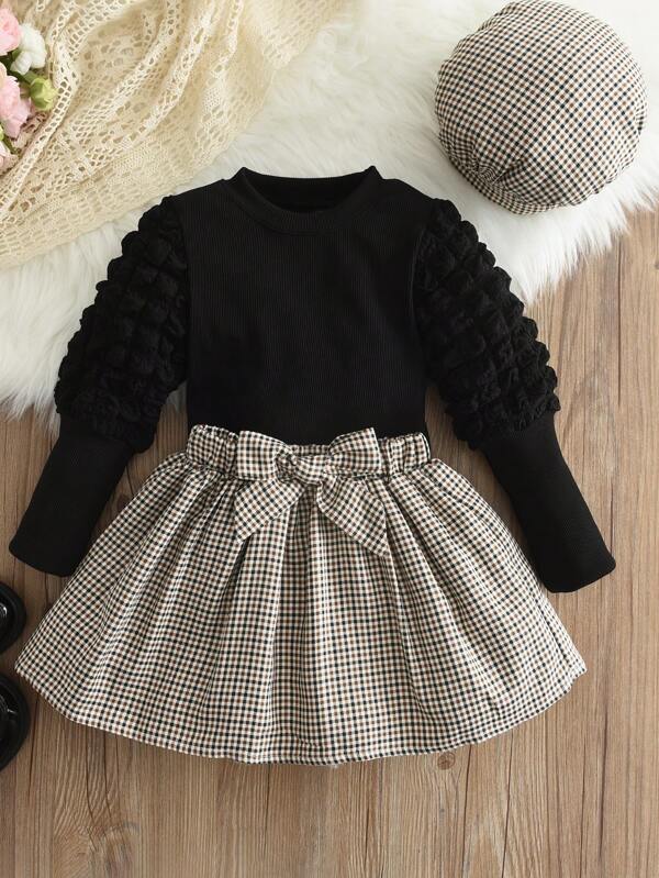 Young Girl 3pcs/Set Casual Solid Color Top, Grid Patterned Skirt With Bowknot And Hat Outfit, Autumn/Winter