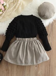Young Girl 3pcs/Set Casual Solid Color Top, Grid Patterned Skirt With Bowknot And Hat Outfit, Autumn/Winter