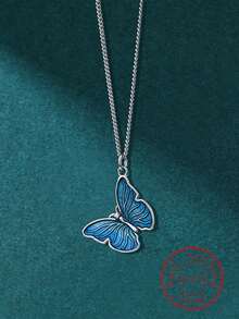 1入組簡約風和時髦S925純銀藍色蝴蝶吊墜項鍊適合女士,精細首飾類禮品