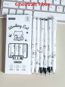 MOKA 6pcs/Box Cute Cat Designed Press Type Ballpoint Pen, Black 0.5mm Ink, Suitable For Students And Office, 1 Box Back To School