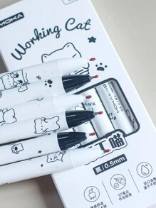MOKA 6pcs/Box Cute Cat Designed Press Type Ballpoint Pen, Black 0.5mm Ink, Suitable For Students And Office, 1 Box Back To School