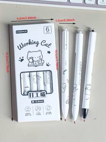 MOKA 6pcs/Box Cute Cat Designed Press Type Ballpoint Pen, Black 0.5mm Ink, Suitable For Students And Office, 1 Box Back To School