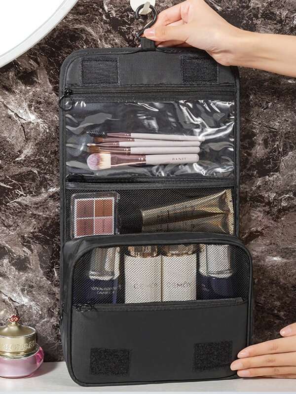 1 pieza Bolsa de aseo colgante resistente al agua en color negro, de tela de sarga gruesa, adecuada para viajes y viajes de negocios. Bolsa de cosméticos, organizador de maquillaje, accesorios de viaje, bolsa de brochas, contenedor de maquillaje, artículos de viaje, artículos esenciales para mujeres, accesorios de viaje, artículos de vacaciones universitarias, crucero y vacaciones de verano.