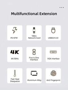DANYCASE  11合1 USB 3.0 C HUB 87W PD 電源坞站類型C轉接器到4K HDTV相容VGA RJ45 SD/TF PC配件轉接器分配器 - 灰色 - 查看 3