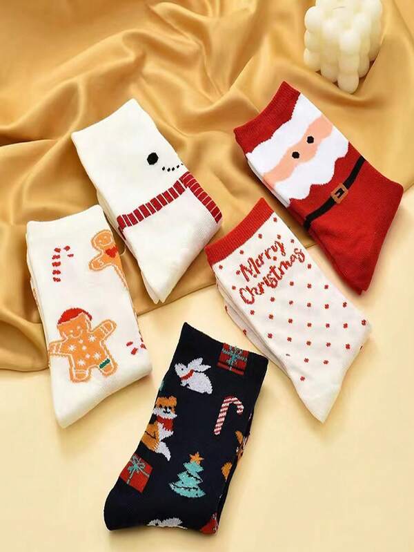 1 par/5 pares de calcetines de media caña cómodos y versátiles con diseños de renos y Papá Noel, lindos y divertidos, regalo de Navidad, de moda