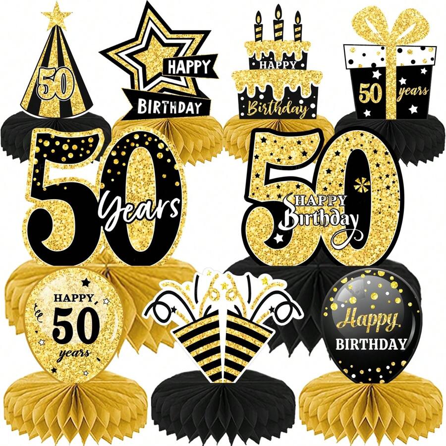9入組18、30、40、50、60、70、80、90歲生日裝飾 - 生日桌面中心裝飾,為18、30、40、50、60、70、80、90歲歡呼,蜂巢型桌面擺件男女派對裝飾用品(黑金色) - 黑金 - 查看 1