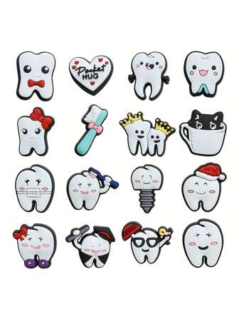 16/20pcs Cartoon Tooth Pattern Shoe Decorations Shoe Accessories Charms For Clogs Bubble Slides Sandals, Gift Idea For Birthday Christmas Halloween Party Favors