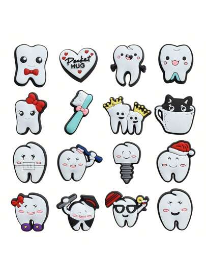16/20pcs Cartoon Tooth Pattern Shoe Decorations Shoe Accessories Charms For Clogs Bubble Slides Sandals, Gift Idea For Birthday Christmas Halloween Party Favors