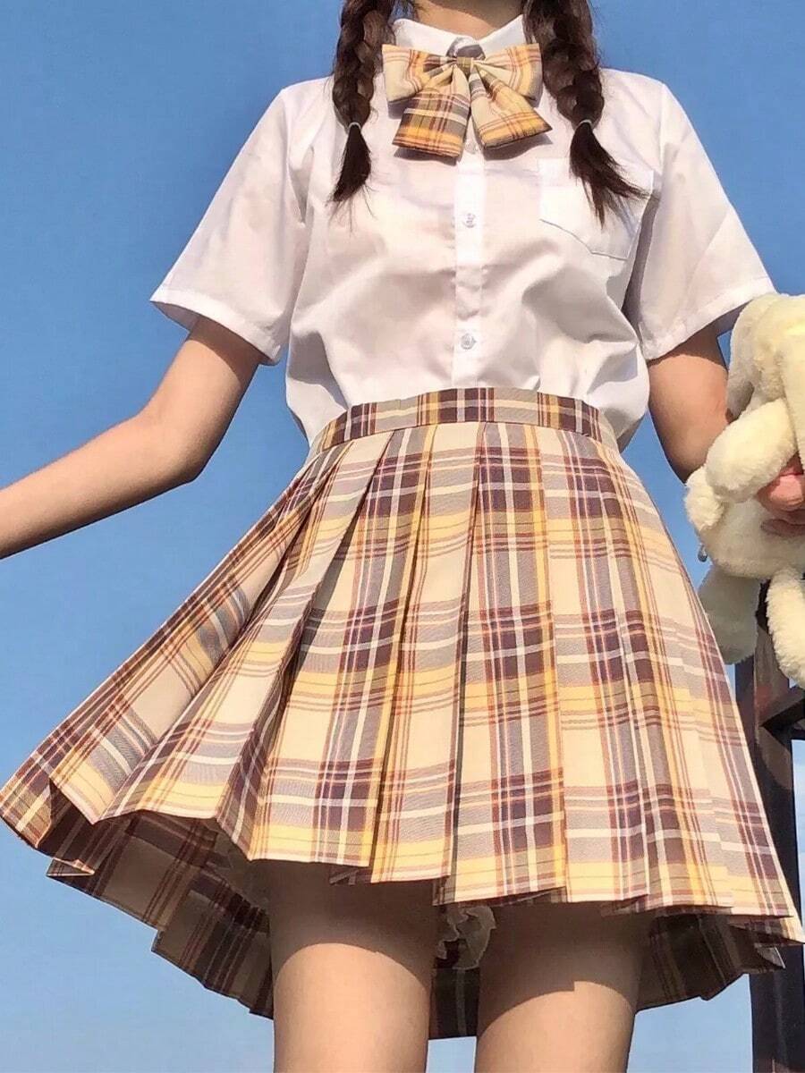 Falda fruncido de cuadros+Corbata De Lazo - Amarillo - Ver 1