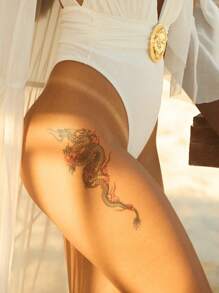 1 Pieza Tatuaje Temporal Para El Cuerpo Con Patrón De Dragón Y Flores Y Contorno Negro Y Rojo Para Brazo, Pecho, Abdomen Y Espalda - Multicolor - Ver 3