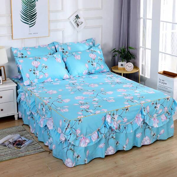 3pcs Pleated Bed Skirt With 2 Pillowcases Set, Moisture-wicking, Breathable, Machine Washable, Thickened, Fleece Soft, Full Encasement, With Elastic Band And Piping, (1pc Bed Skirt, 2pcs Pillowcases), For All Seasons, Fits For The Whole Family.
