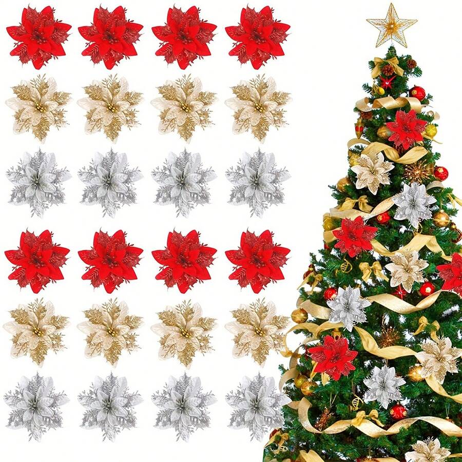 6pcs Random Gold & Silver Christmas Tree Artificial Decorative Flowers Simulation Flowers - Multicolor - View 1