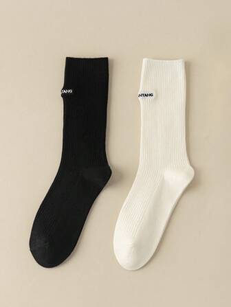 2 Pares Calcetines Unisex De Media Pantorrilla De Doble Aguja Con Bordado En Negro Y Blanco
