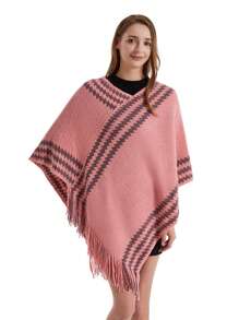 1件女款連帽披風斗篷,帶流蘇,加厚大碼外套,適合日常穿著