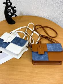 1件流行的拼接紋理手提包,通勤風格肩背袋,斜挎包,小方包 - 棕色 - 查看 7