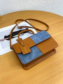 1件流行的拼接紋理手提包,通勤風格肩背袋,斜挎包,小方包 - 棕色 - 查看 6