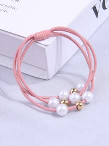 Triple Strand Pearl Elastic Hair Tie, Suitable For Daily Use - Pink - View 1