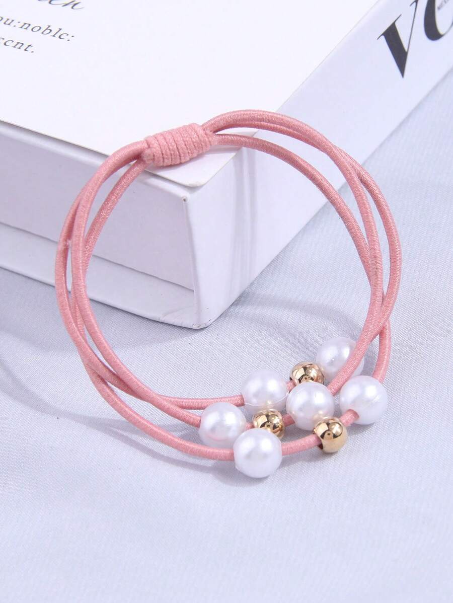 Triple Strand Pearl Elastic Hair Tie, Suitable For Daily Use - Pink - View 1