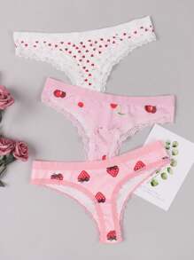 Morvia 3pcs Women Sexy Cute Contrast Lace Trim Heart & Cherry & Strawberry Pattern Thong