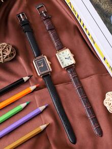 2 piezas/set Reloj de cuarzo cuadrado vintage con correa de piel de PU, adecuado para uso diario como regalo para estudiantes que regresan a la escuela - Multicolor - Ver 2
