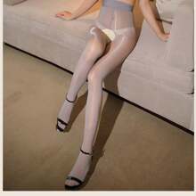 1 件灰色性感開襠光面絲襪,超薄高密度油亮褲襪 - 灰色 - 查看 6