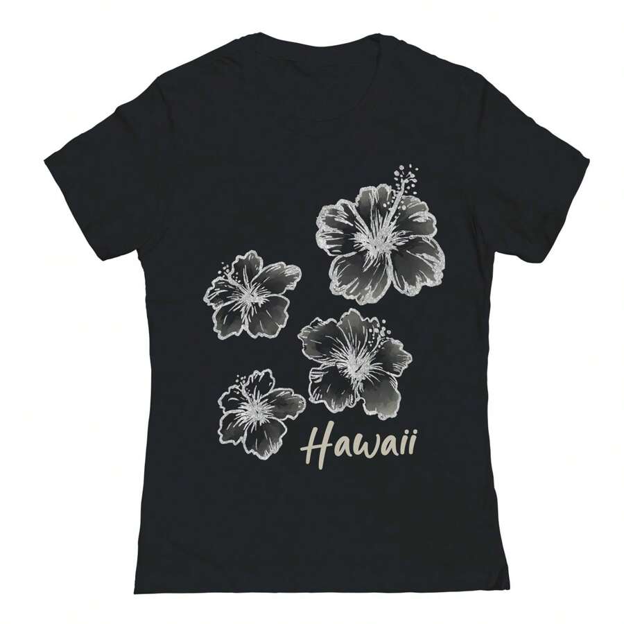 Nearly There Hibiscus Graphic Black Ladies Cotton Short-Sleeve T-Shirt - 黑色 - 查看 1