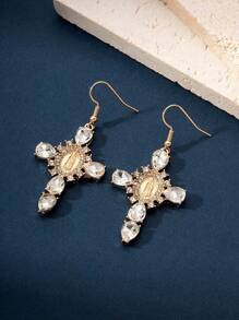 1對女性女士光環十足的鉆石鑲嵌十字形掛墜耳環,帶有瑪利亞聖母設計,適合日常穿著的朋克風格耳環 - 金黃色 - 查看 2