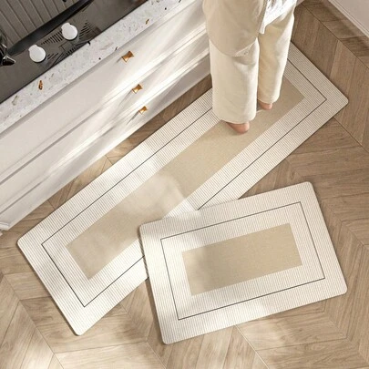 1 件卡其色几何图案 PU 皮革厨房地垫，简约北欧风格，防滑、防震、易清洁、缓解脚部压力、防水，适用于厨房、家居、浴室装饰、浴室地毯、户外地毯、门垫、秋季装饰、浴室配件、返校入口装饰