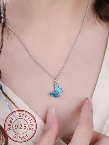 1入組簡約風和時髦S925純銀藍色蝴蝶吊墜項鍊適合女士,精細首飾類禮品
