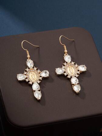 1 Paar Kreuzförmige Anhänger-ohrringe Im Punk-stil, Leichte Luxus-ohrringe Für Damen Mit Zirkonia Und Jungfrau-maria-designs, Geeignet Für Den Täglichen Gebrauch