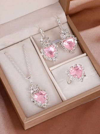4pcs/Set Ladies' Pink Heart-Shaped Jewelry Set With Rhinestone Embellishment, Including Ring, Pendant, Earrings And Necklace Valentines