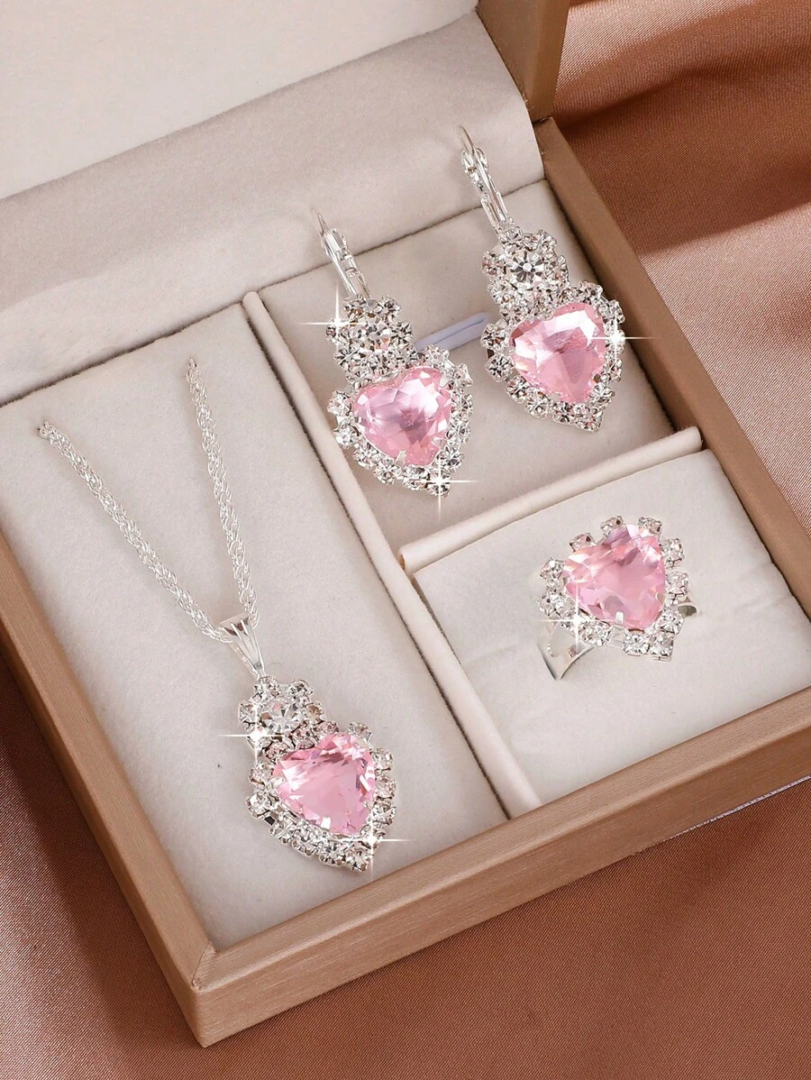 4pcs/Set Ladies' Pink Heart-Shaped Jewelry Set With Rhinestone Embellishment, Including Ring, Pendant, Earrings And Necklace Valentines