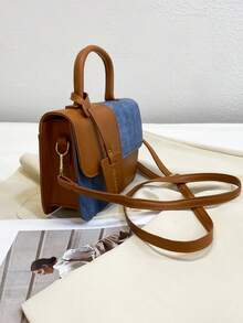 1件流行的拼接紋理手提包,通勤風格肩背袋,斜挎包,小方包 - 棕色 - 查看 5