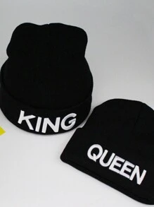 2pcs Black Unisex Knitted Hat With 'queen' And 'king' Embroidery, Ear Protection, Winter Street