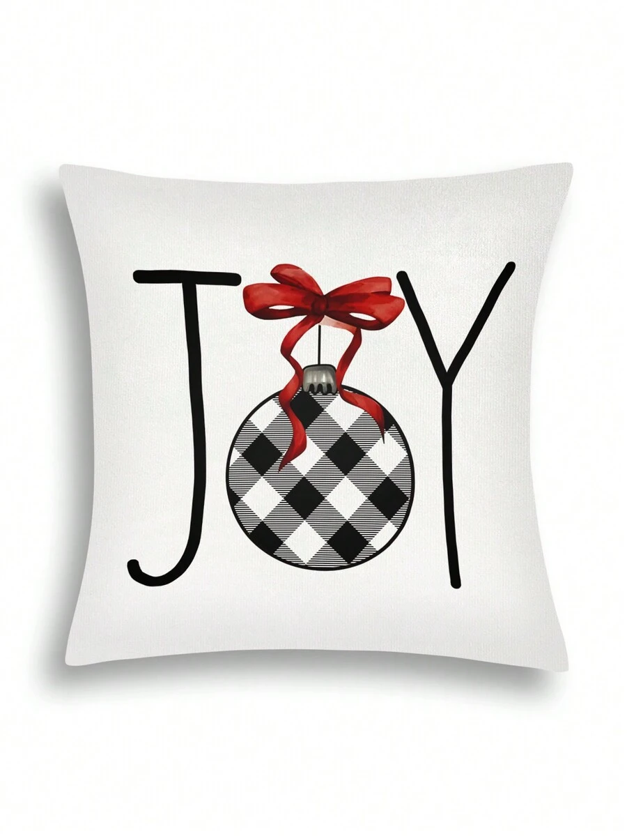 1入組聖誕格紋鈴鐺紅結印花枕套,聖誕家居裝飾必備 - 紅 JOY-1pc - 查看 1