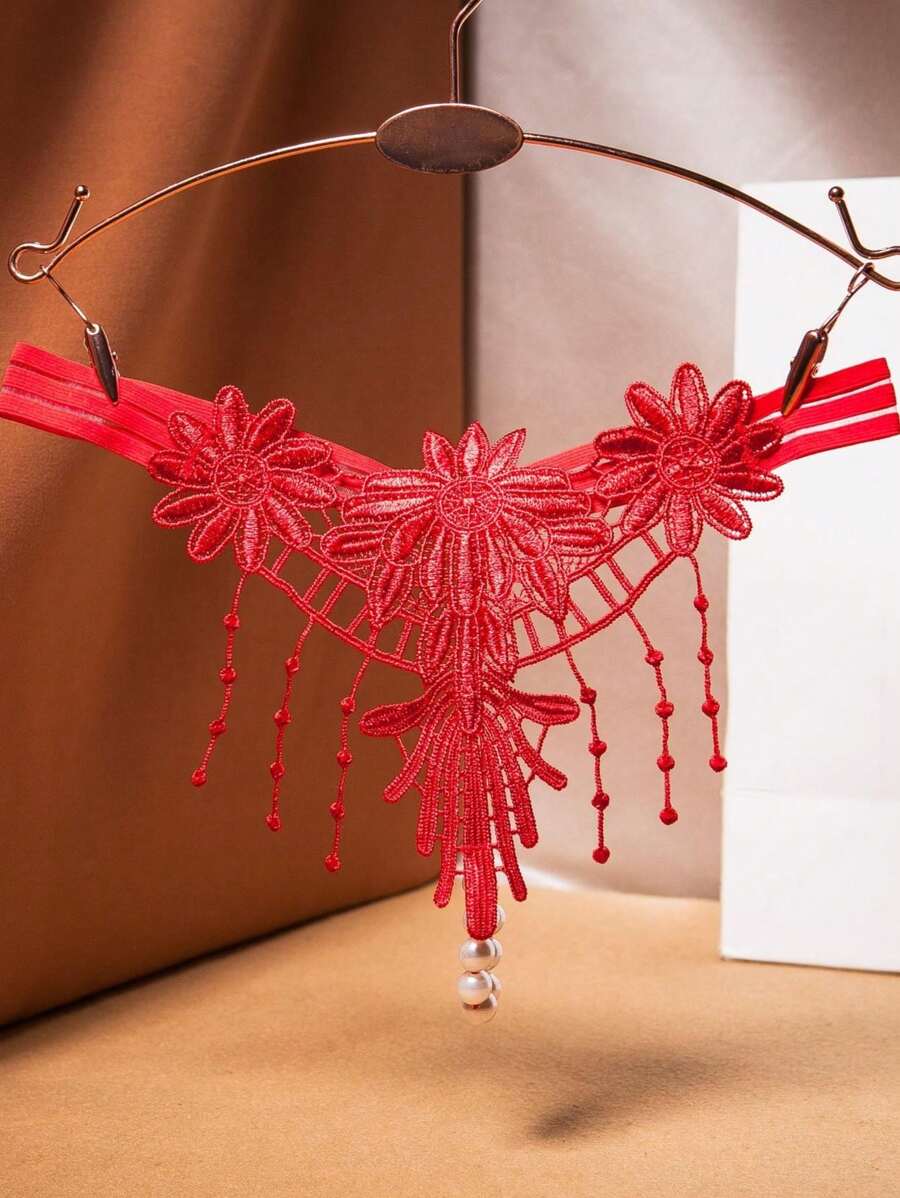 奢華流蘇設計誘惑女式透視效果開襠串珠刺繡丁字褲 - 紅色 - 查看 1