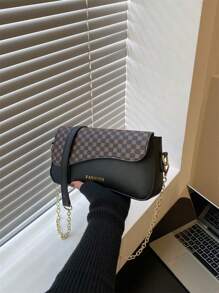 女性簡約純色pu斜背包,百搭款 - 黑色 - 查看 1