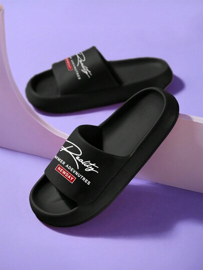 نعال شاطئ خفيفة الوزن مطبوعة بنمط كرتوني مخصص للرجال، مصنوعة من مادة EVA المتنفسة مع بطانة مانعة للانزلاق، مناسبة للاستخدام الداخلي والخارجي، البحر والنهر، الاستخدام اليومي، باللون الأسود، مقاسات كبيرة