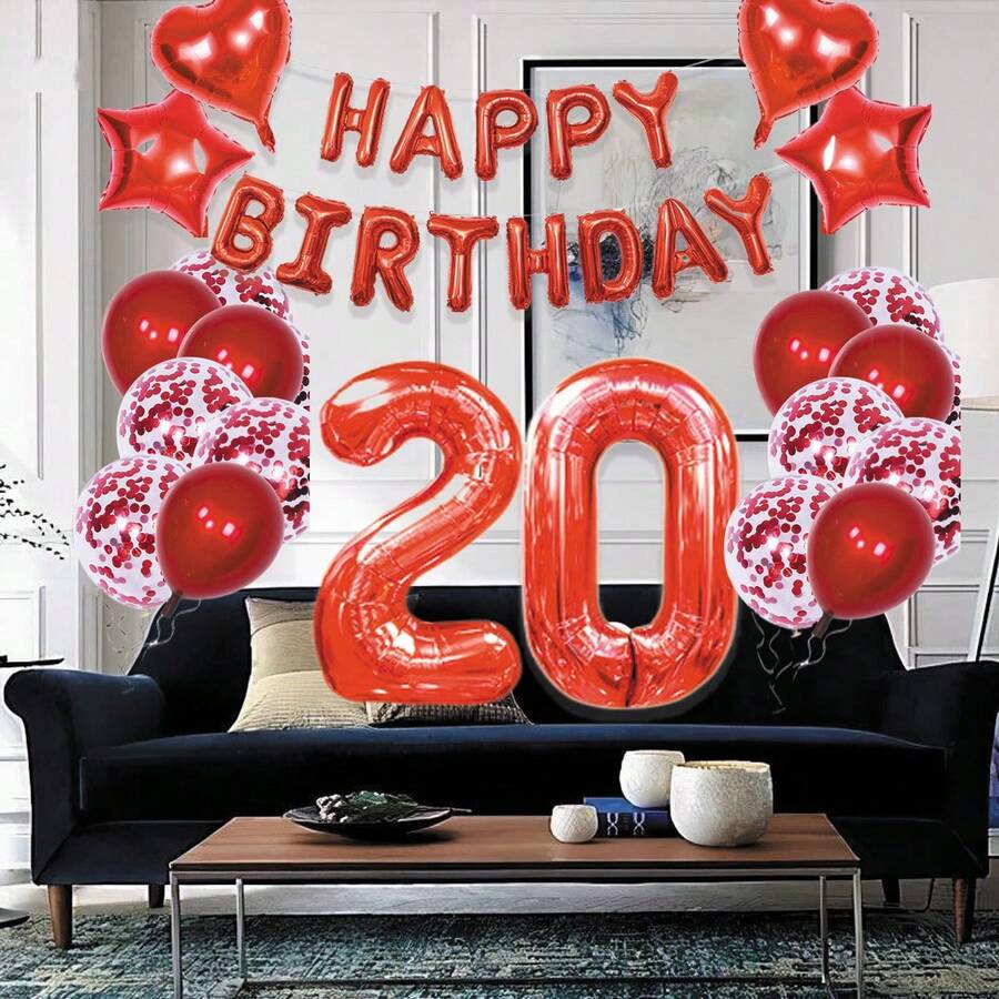 Conjunto De Globos De Feliz Cumpleaños Número 20 En Color Rojo, Que Consta De 40 Piezas - Conjunto De Globos De Aluminio De Edad Con Alfabeto En Inglés, Adecuado Para Fiestas De Cumpleaños - Viene Con Cinta - Blanco y Negro - Ver 1