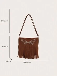 1pc Light Brown Pu Butterfly Embroidered Zipper Shoulder Crossbody Bag With Large Capacity, Suitable For Daily Use - Brown - View 6