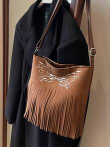 1pc Light Brown Pu Butterfly Embroidered Zipper Shoulder Crossbody Bag With Large Capacity, Suitable For Daily Use - Brown - View 5