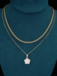 2pcs Simple Fashionable Five-petal Flower Decoration Copper Chain Necklaces, Perfect For Dating And Graduation Gift - White - View 1