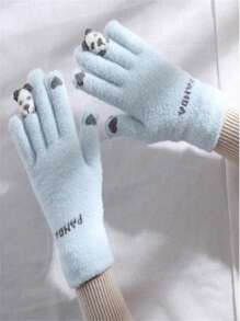 1 Pair Of New Women'S Autumn And Winter Lovely Panda Plush Cartoon Animal Five-Finger Warm Gloves With Touch Screen, Thickened And Soft Knitted Full Finger Gloves, Suitable For Japanese Casual Wear, Daily Dating, Outdoor Activities, Holidays, Travel Gifts - Mint Green - View 2