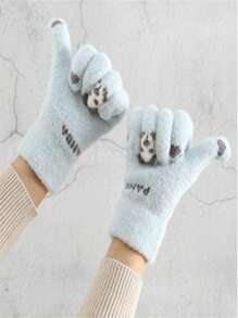 1 Pair Of New Women'S Autumn And Winter Lovely Panda Plush Cartoon Animal Five-Finger Warm Gloves With Touch Screen, Thickened And Soft Knitted Full Finger Gloves, Suitable For Japanese Casual Wear, Daily Dating, Outdoor Activities, Holidays, Travel Gifts - Mint Green - View 3
