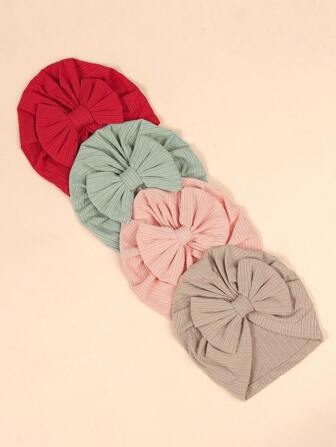 1 包（4 件）新生儿纯色四面弹力帽带蝴蝶结，医院帽爱心情人节