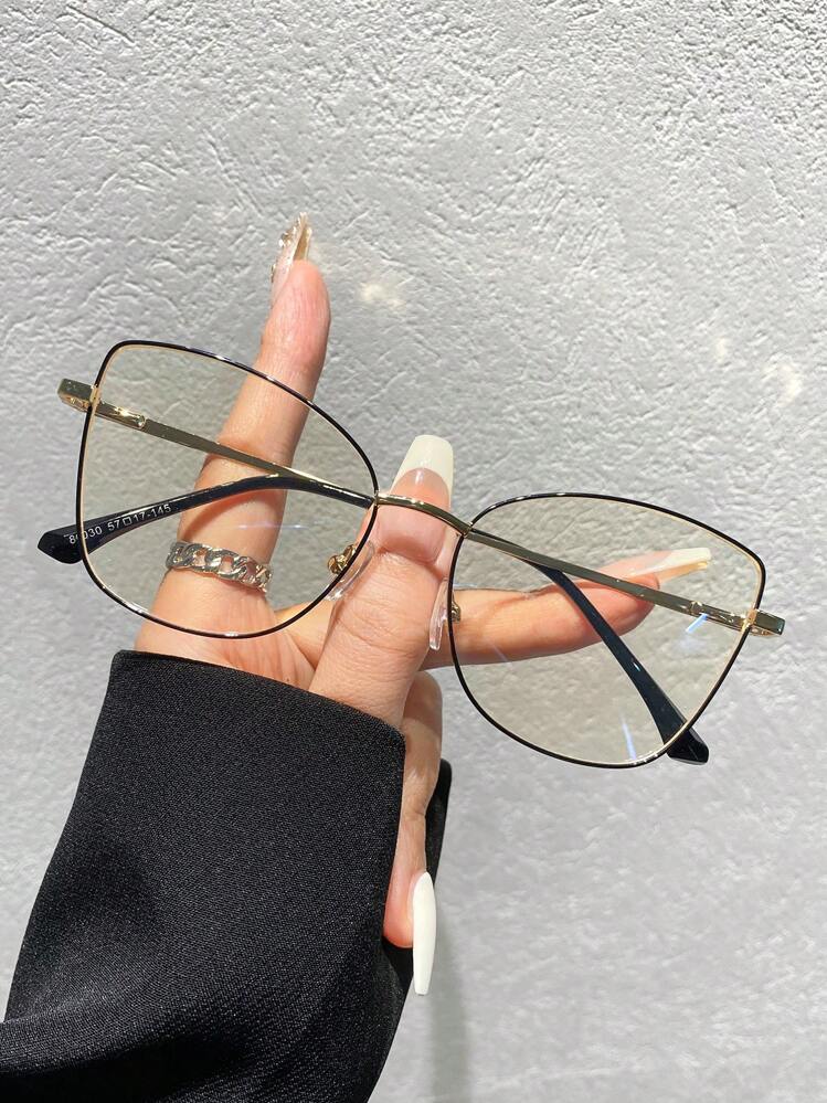 1pc Women s Cat Eye Glasses With Shiny Black Gold Frame Fashionable Anti blue Light Plain Glasses For Daily Use SHEIN