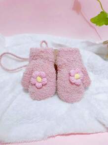 一双毛绒花朵针织儿童手套，配有手指开口和头带绳，男女通用，保暖儿童手套，带保暖衬里的儿童暖手手套，时尚舒适的儿童手部围巾手套，儿童手套，儿童舒适针织手套，流行儿童手套套装，时尚温暖的儿童手套 - 粉色 - 查看 7