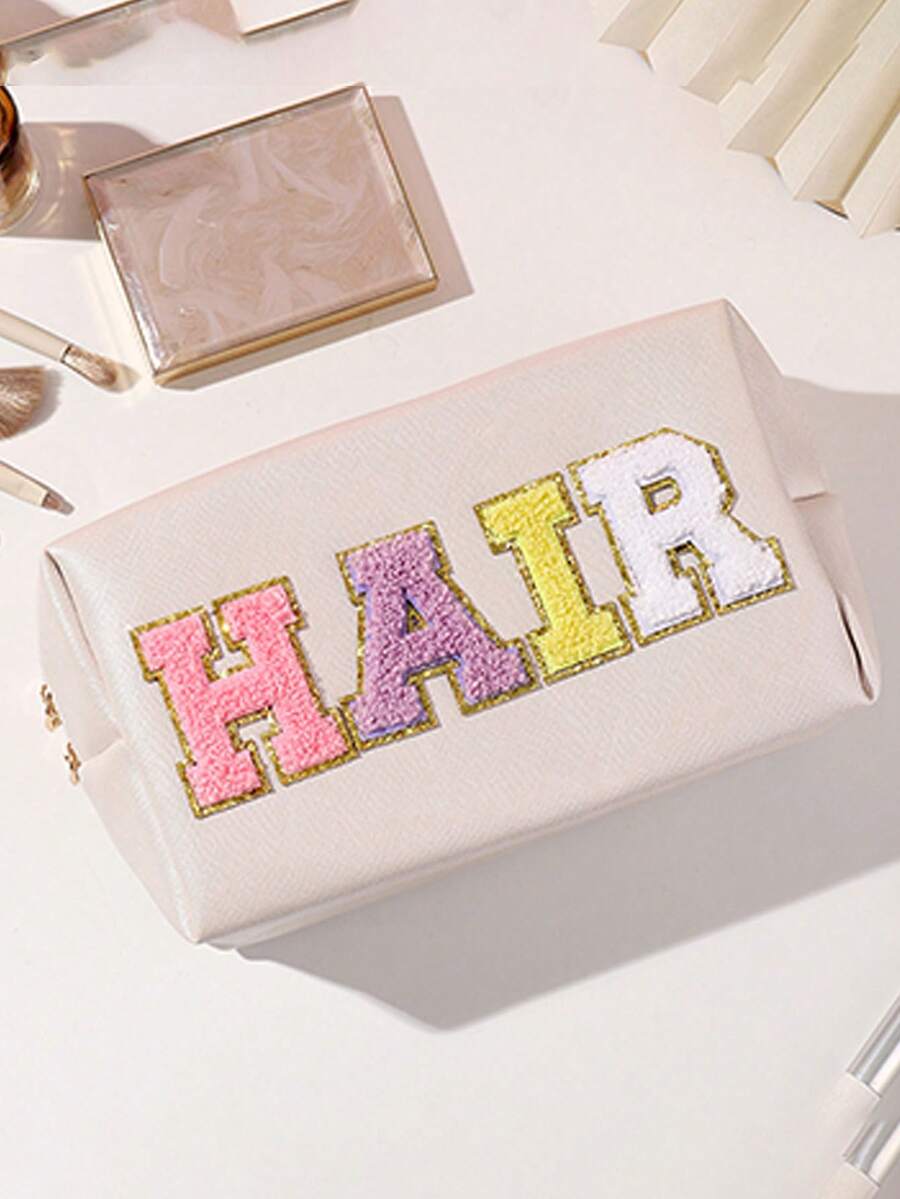 1pc Beige Makeup Bag With 'hair' Embroidery - Beige - View 1